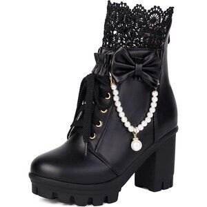 Women's Faux Leather Platform Ankle Boots with Pearl Chain Bow 8
